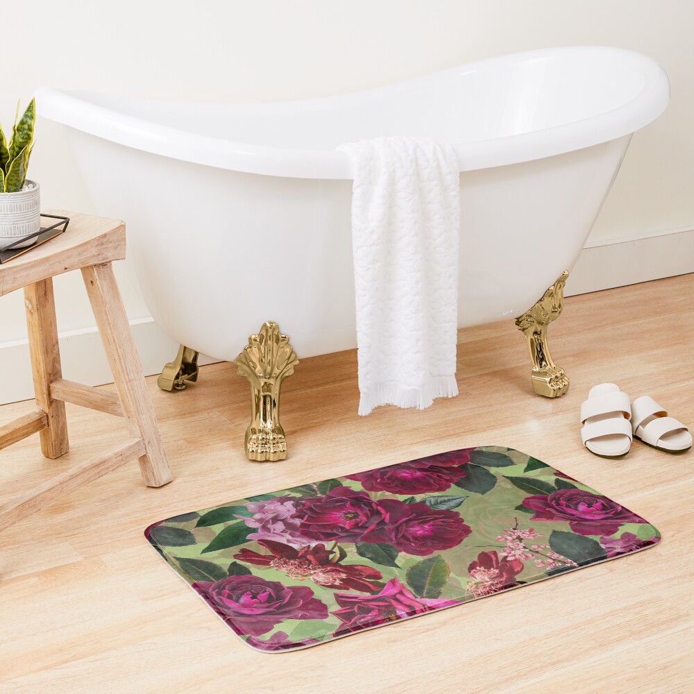 Antique Green Botanical Flower Rose Garden Bath Mat