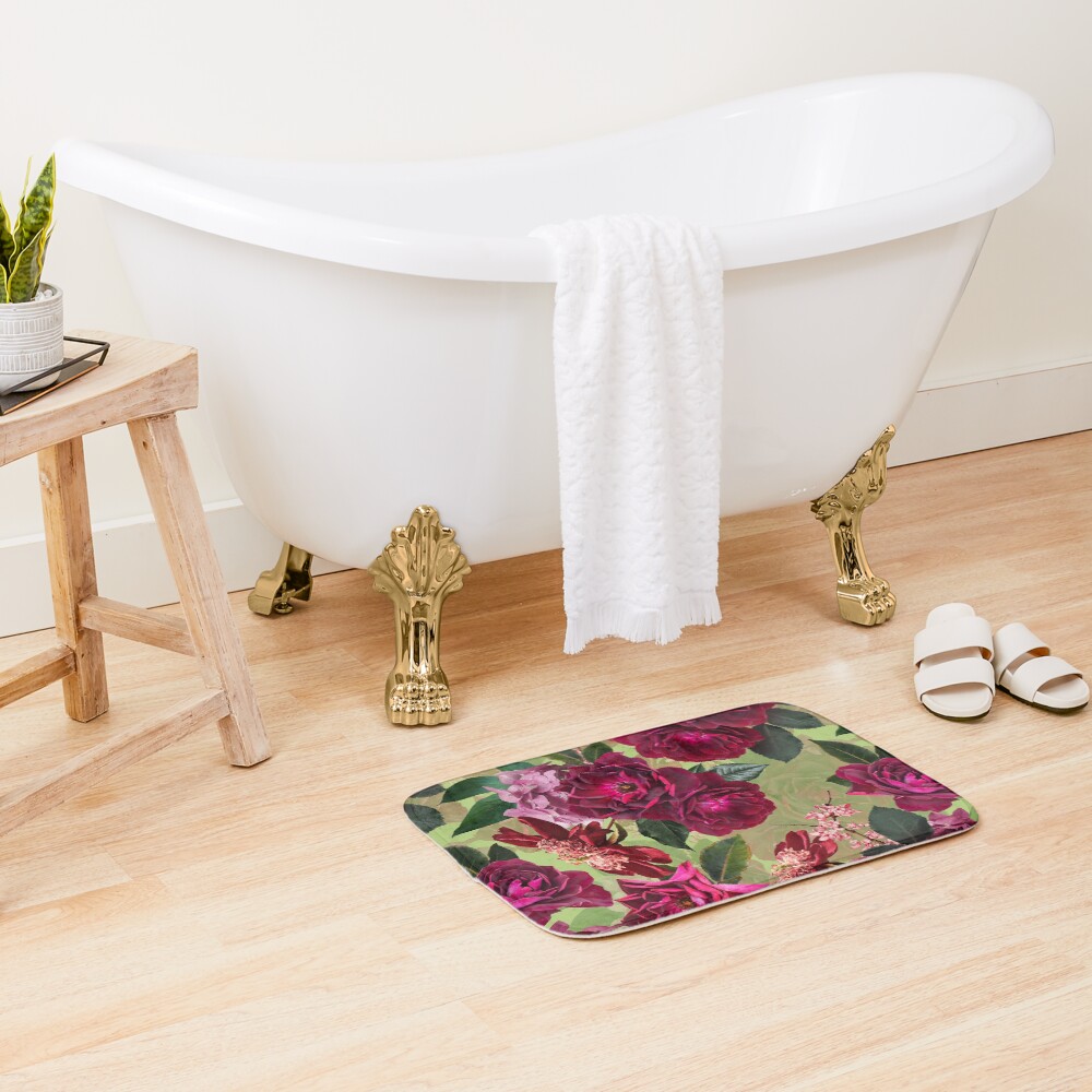 Antique Green Botanical Flower Rose Garden Bath Mat