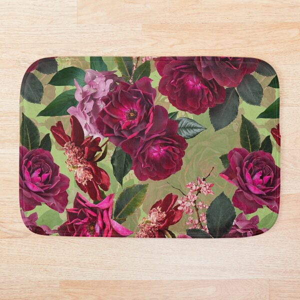 Antique Green Botanical Flower Rose Garden Bath Mat