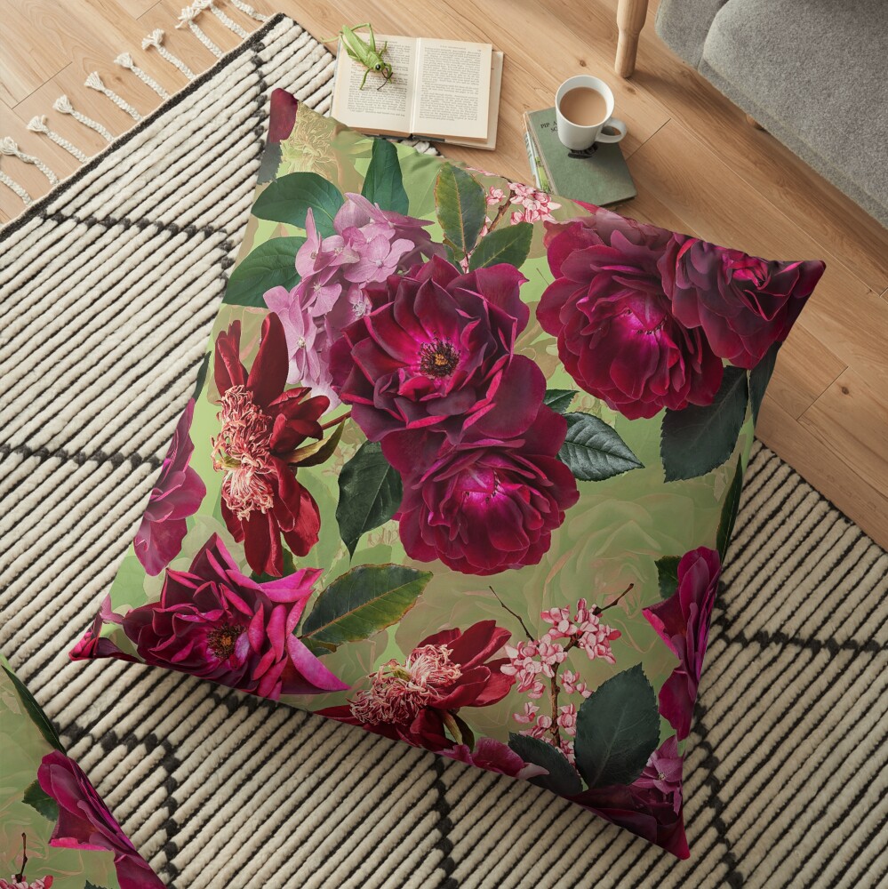 Antique Green Botanical Flower Rose Garden Floor Pillow