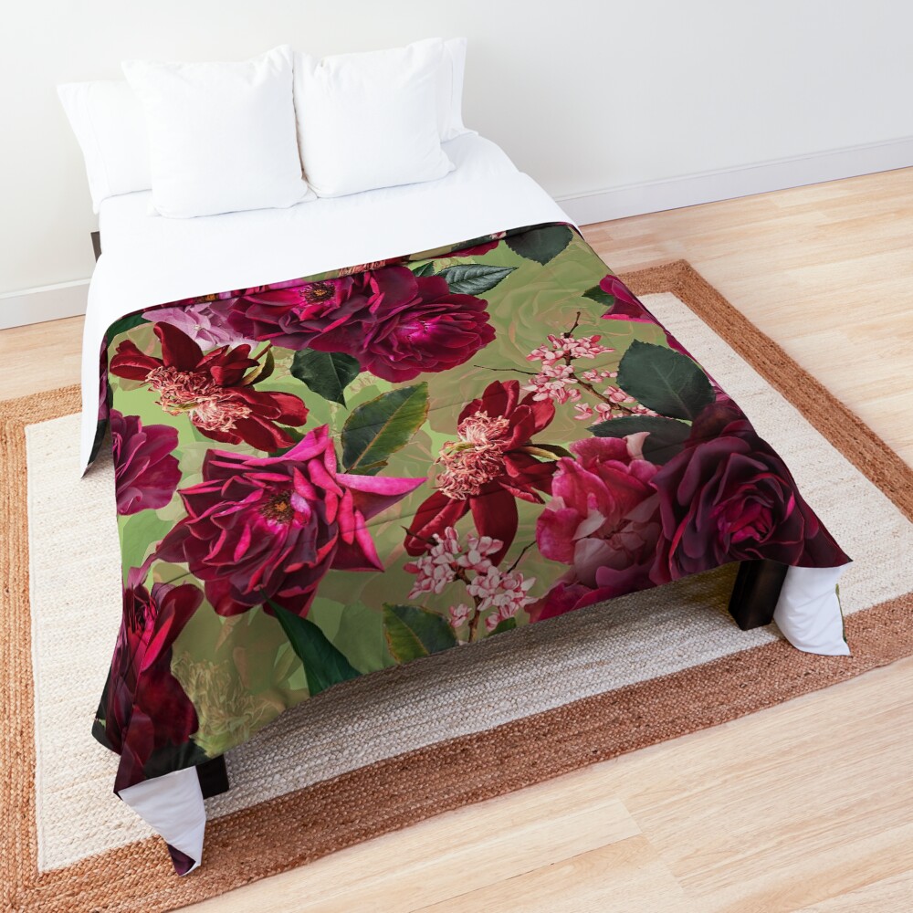 "Antique Green Botanical Flower Rose Garden" Comforter for Sale by