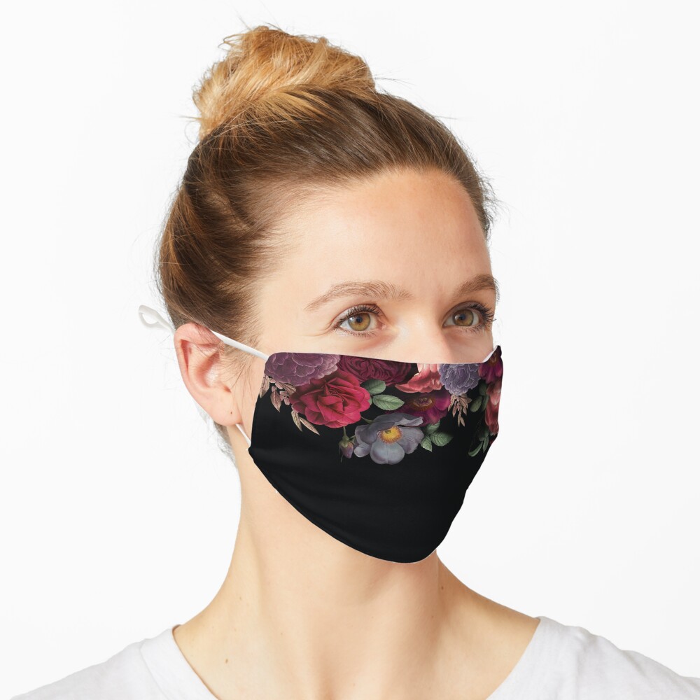 Antique Botanical Night Watercolor Roses on Black Mask