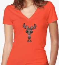 Cute Curious Baby Moose Calf with Big Eyes on Yellow Women's Fitted V-Neck T-Shirt