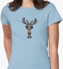 Cute Curious Baby Moose Calf with Big Eyes on Blue Women's Fitted T-Shirt