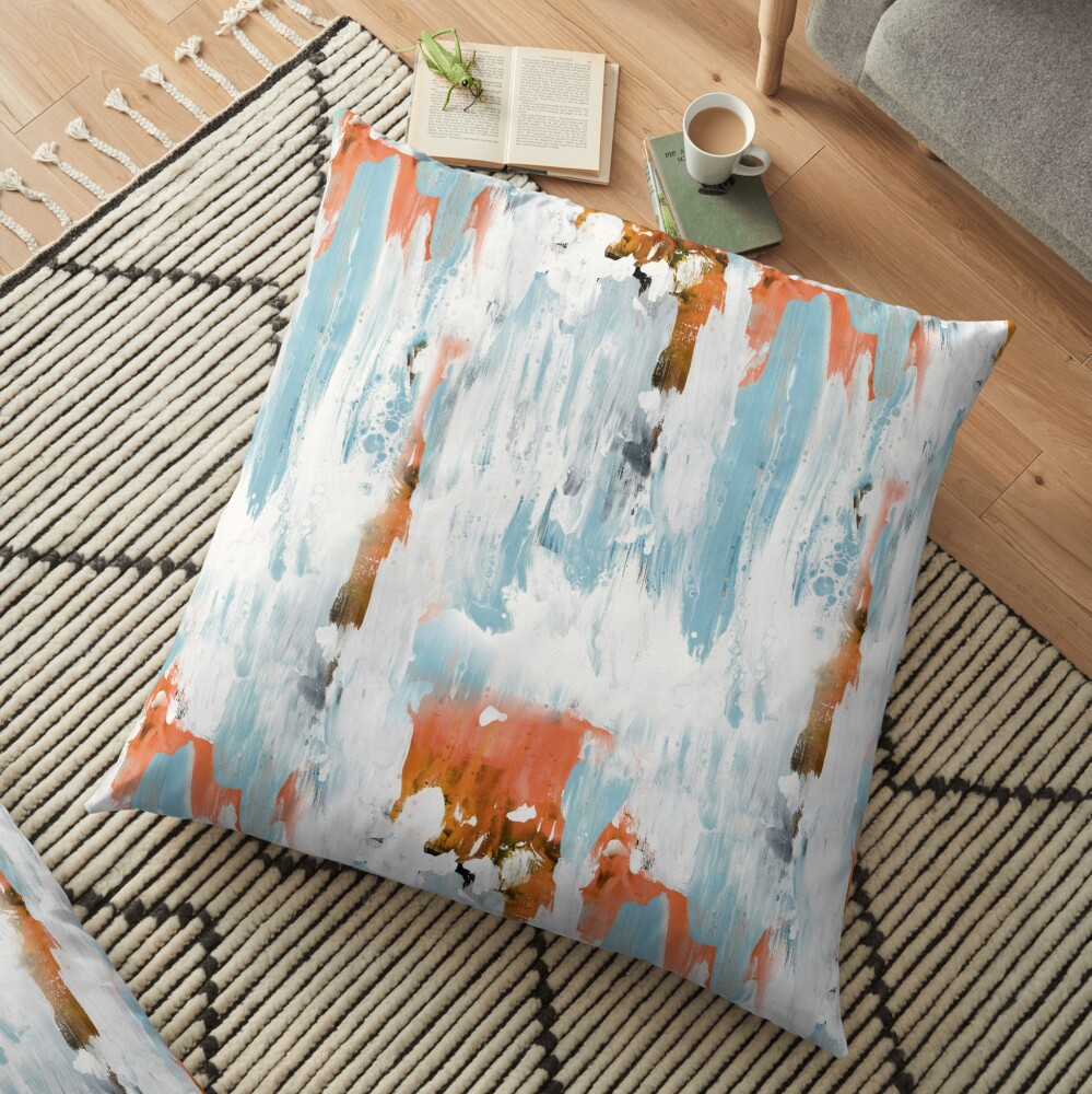 New dawn white & bright - fluid painting pouring image in white, orange and sky blue Floor Pillow
