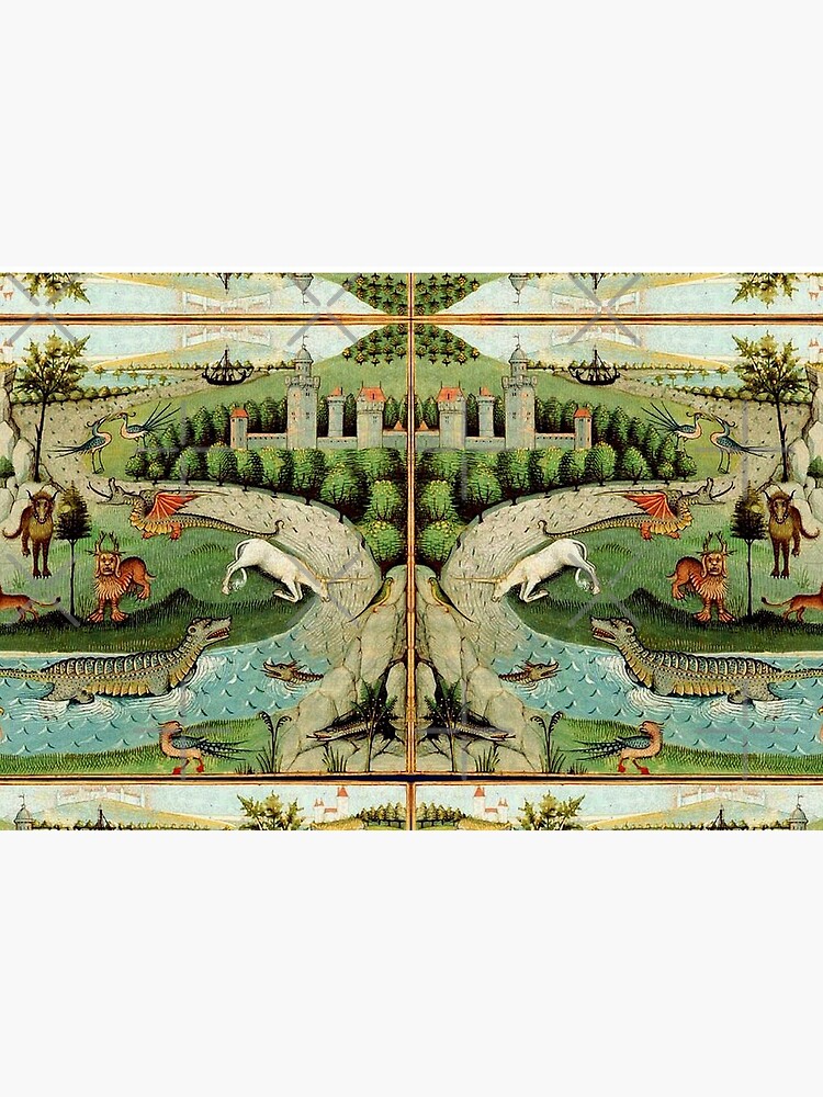MEDIEVAL BESTIARY UNICORN,LION,DRAGON,LEOPARD,WILD GOATS IN GREEN LANDSCAPE by BulganLumini