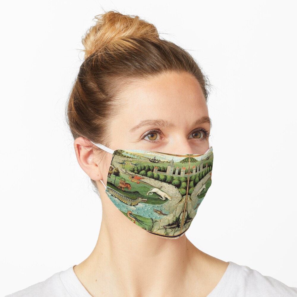 MEDIEVAL BESTIARY UNICORN,LION,DRAGON,LEOPARD,WILD GOATS IN GREEN LANDSCAPE Mask