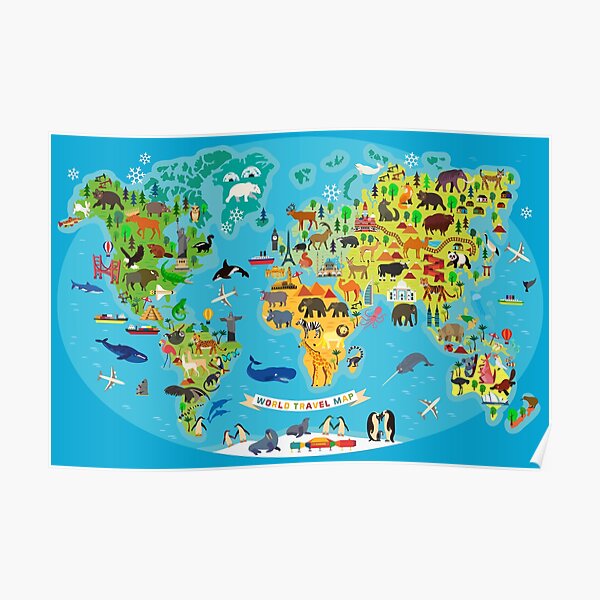 World Map With Animals Poster