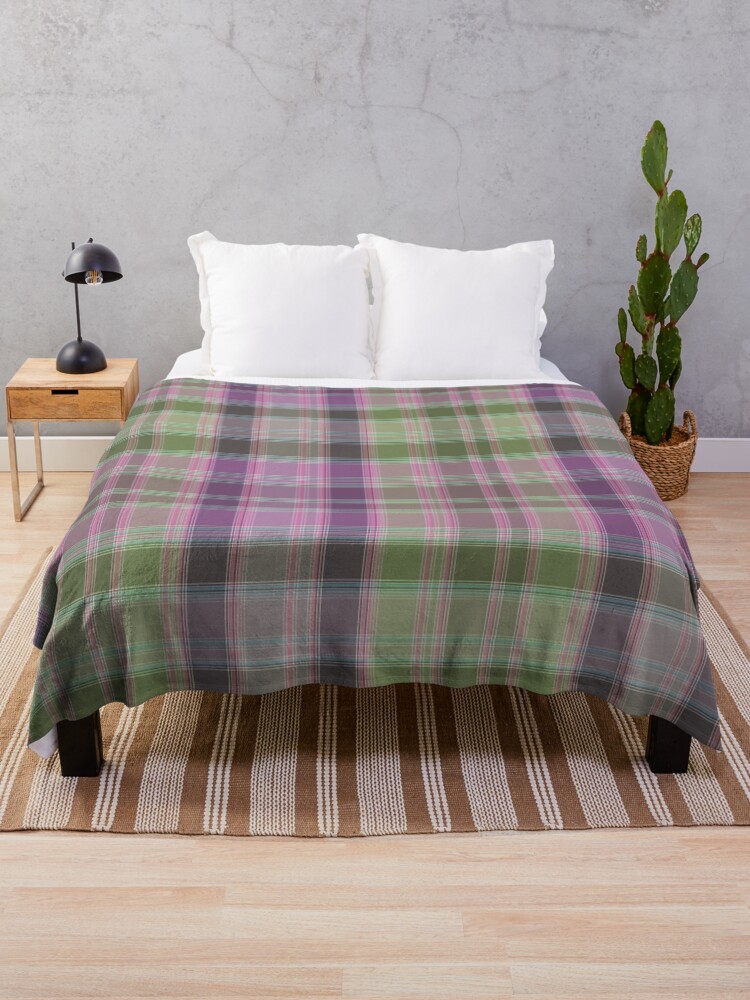 Thumbnail 1 of 6, Throw Blanket, Green and lilac tartan plaid. designed and sold by marinaklykva.