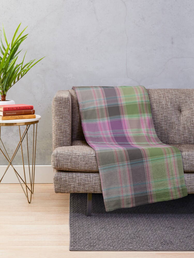 Thumbnail 2 of 6, Throw Blanket, Green and lilac tartan plaid. designed and sold by marinaklykva.