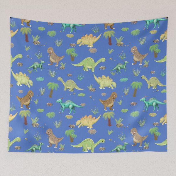 Item preview, fun dinosaur pattern on blue background designed and sold by studioMoSa.