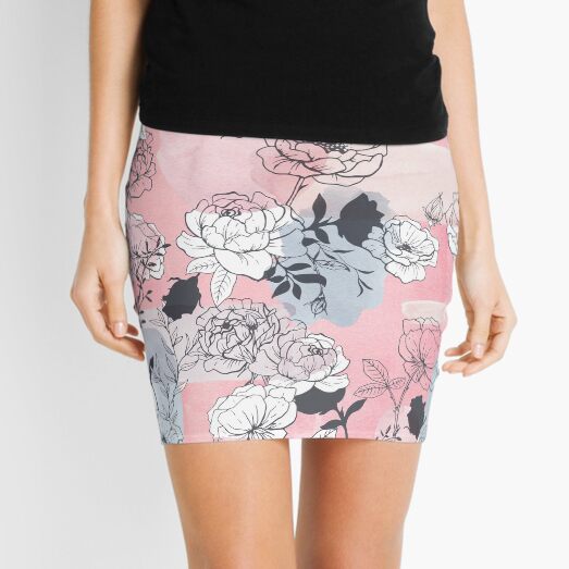 L-O-V-E Line Art Roses Pattern Mini Skirt