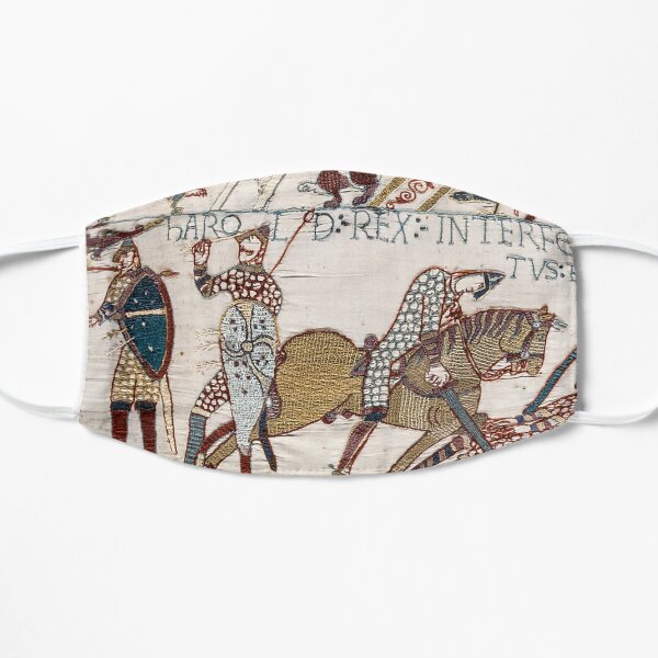 Bayeux Tapestry. King Harold is killed. Arrow in eye. Mask