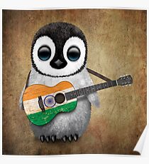 Baby Penguin Playing Indian Flag Guitar Poster
