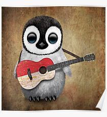 Baby Penguin Playing Indonesian Flag Guitar Poster