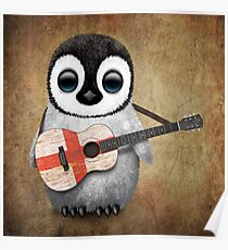 Baby Penguin Playing English Flag Guitar Poster