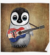 Baby Penguin Playing Croatian Flag Guitar Poster