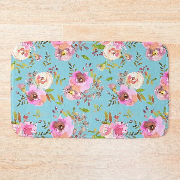 Item preview, Lovely pink hand drawn watercolor florals pattern on teal - single layer designed and sold by UtArt.