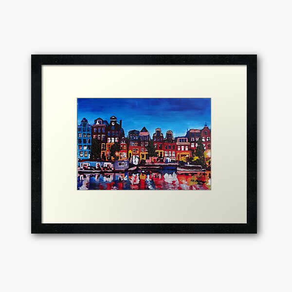 Amsterdam Skyline With Canal At Night Framed Art Print