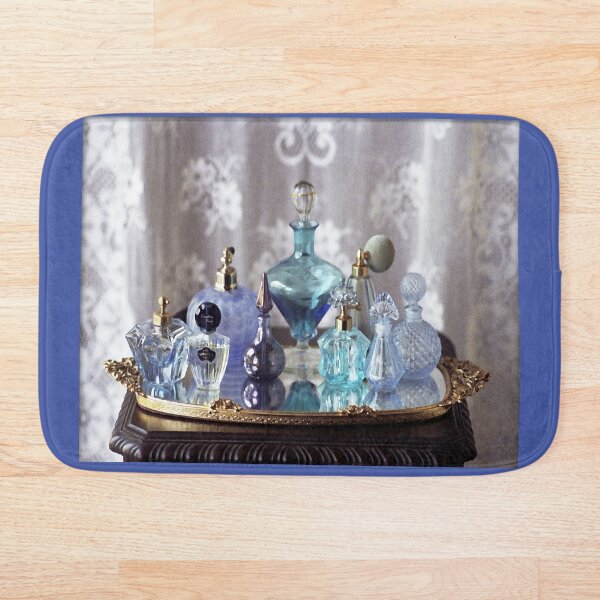 Still Life Vintage Blue Perfume Bottles Bath Mat