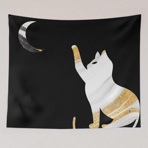 Item preview, White Cat chasing the moon gold marble texture designed and sold by KA DESIGNS.