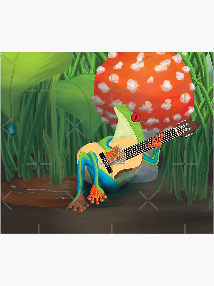 Discover Singing green frog in a mushroom Tapestry