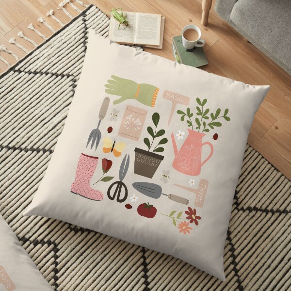 Outils de jardinage, plantes, illustration d'insectes, fleurs et feuilles dessin de jardin Coussin de sol
