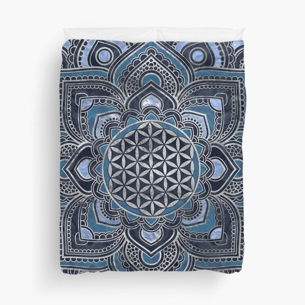 Flower of Life in Lotus Mandala - Blue Crystal and Silver Duvet Cover