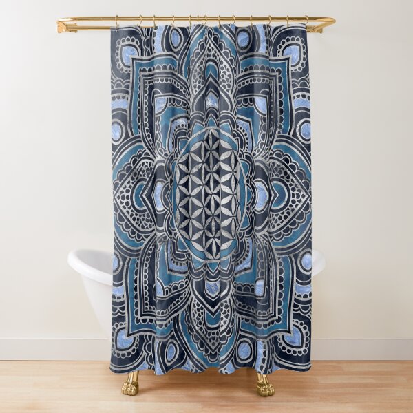 Flower of Life in Lotus Mandala - Blue Crystal and Silver Shower Curtain