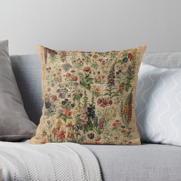 Colourful Wild Meadow Flowers Over Vintage Dictionary Book Page Throw Pillow
