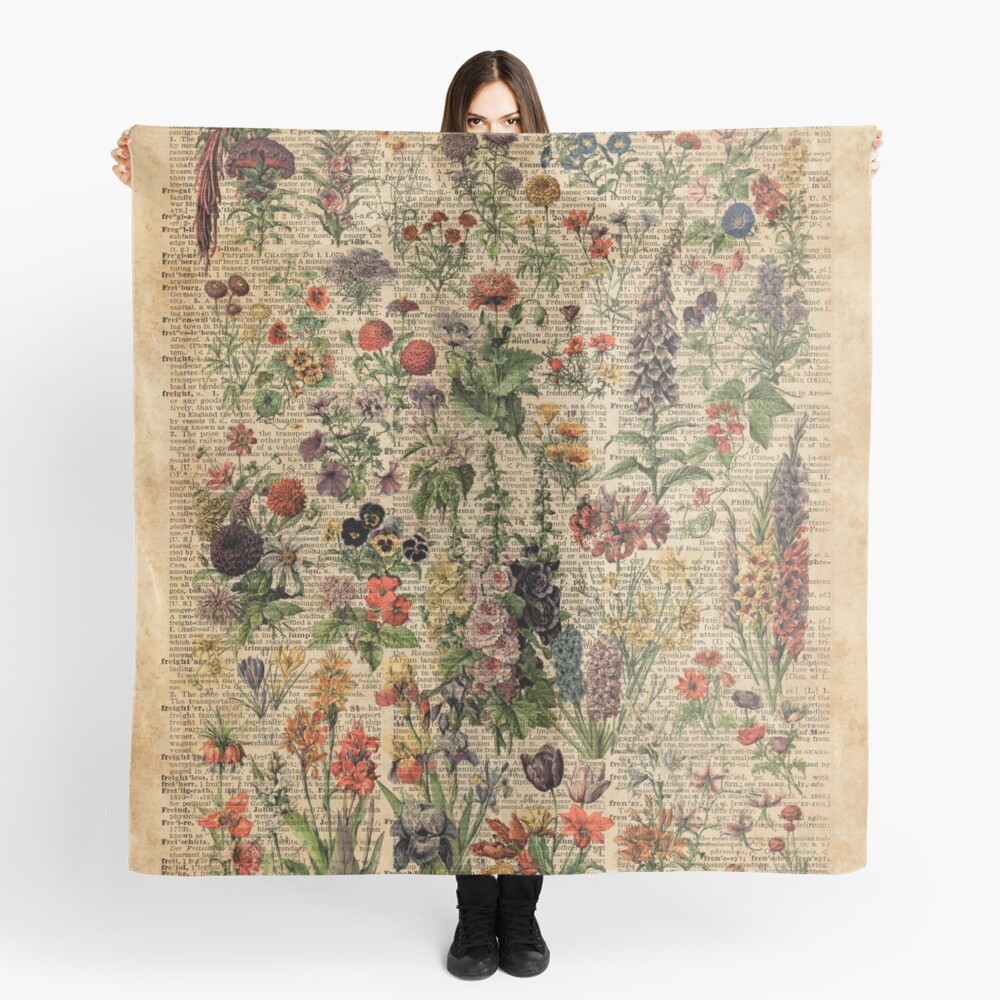 Colourful Wild Meadow Flowers Over Vintage Dictionary Book Page Scarf