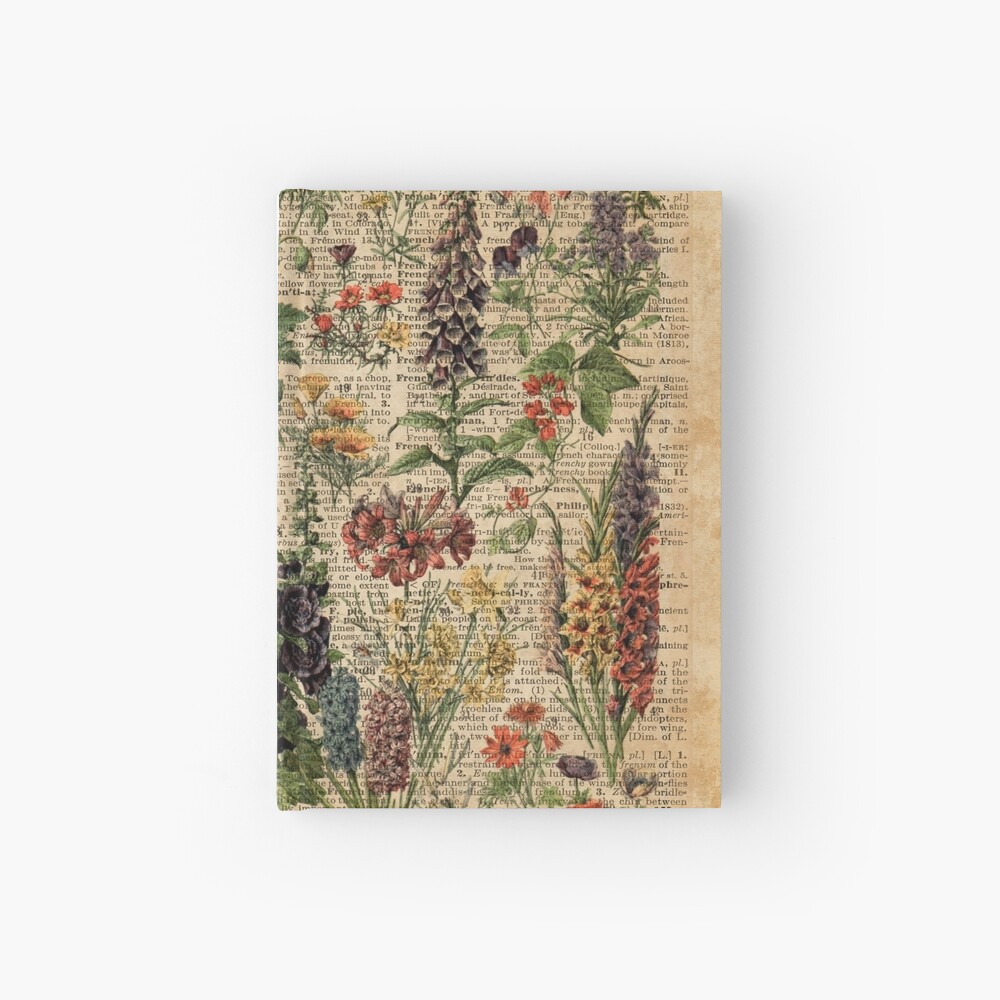 Colourful Wild Meadow Flowers Over Vintage Dictionary Book Page Hardcover Journal