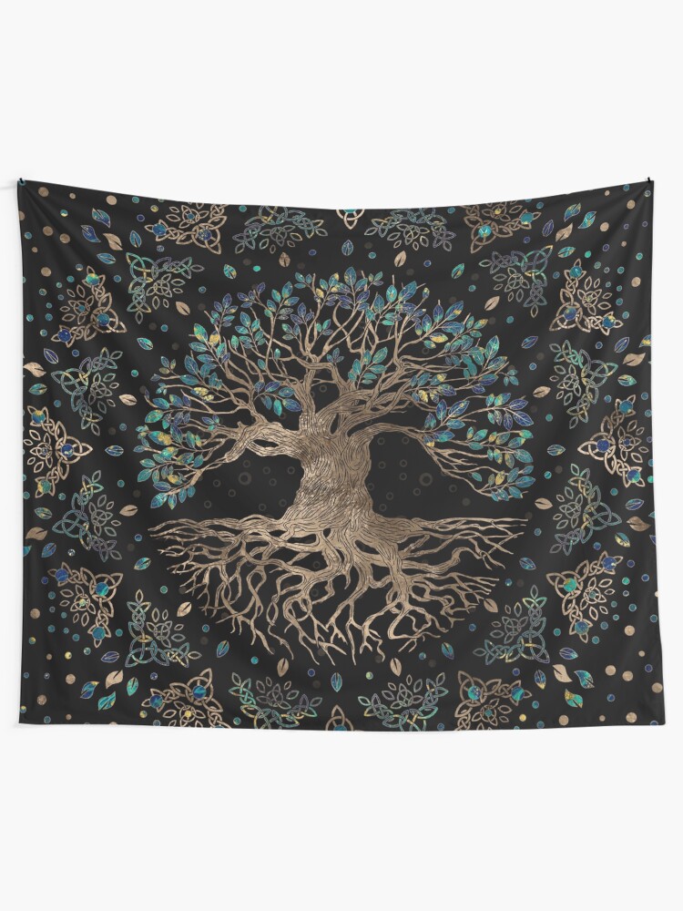 Alternate view of Tree of life -Yggdrasil Golden and Marble ornament Tapestry