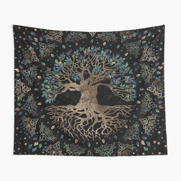 Tree of life -Yggdrasil Golden and Marble ornament Tapestry