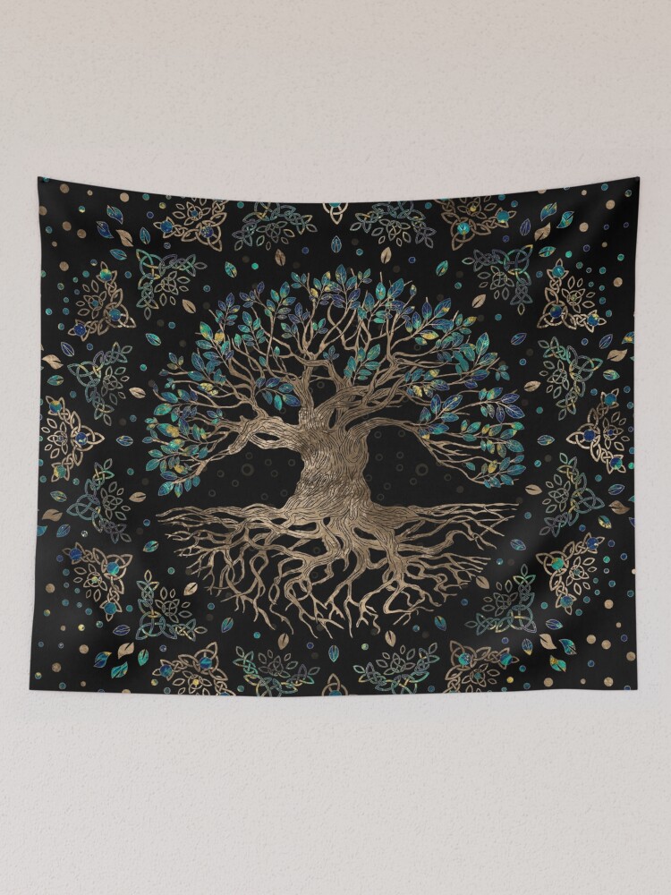 Thumbnail 2 of 3, Tapestry, Tree of life -Yggdrasil Golden and Marble ornament designed and sold by k9printart.
