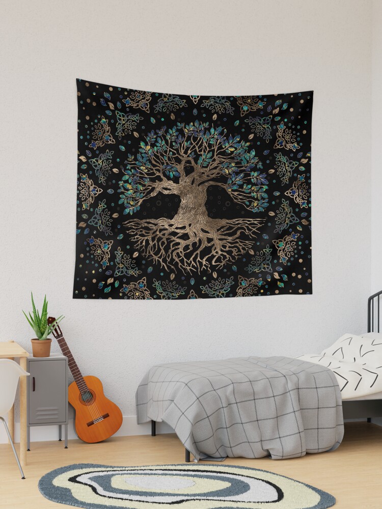 Thumbnail 1 of 3, Tapestry, Tree of life -Yggdrasil Golden and Marble ornament designed and sold by k9printart.