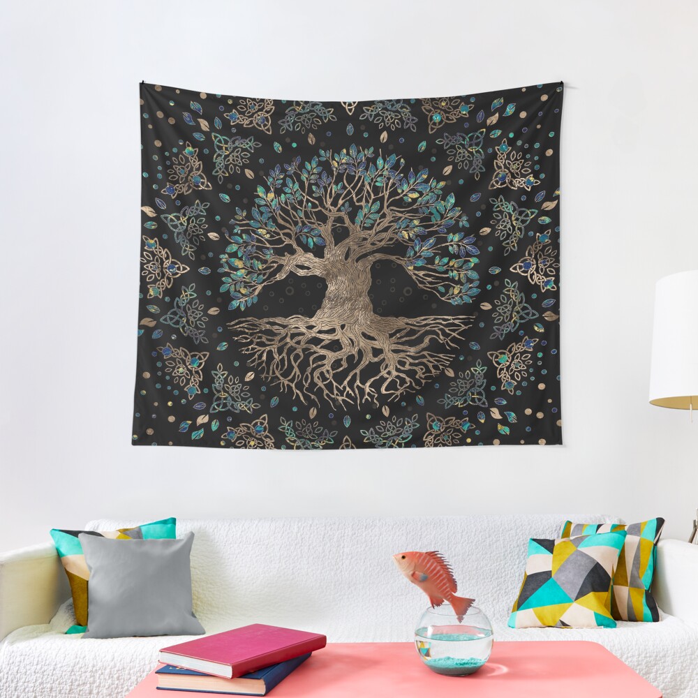Tree of life -Yggdrasil Golden and Marble ornament Tapestry