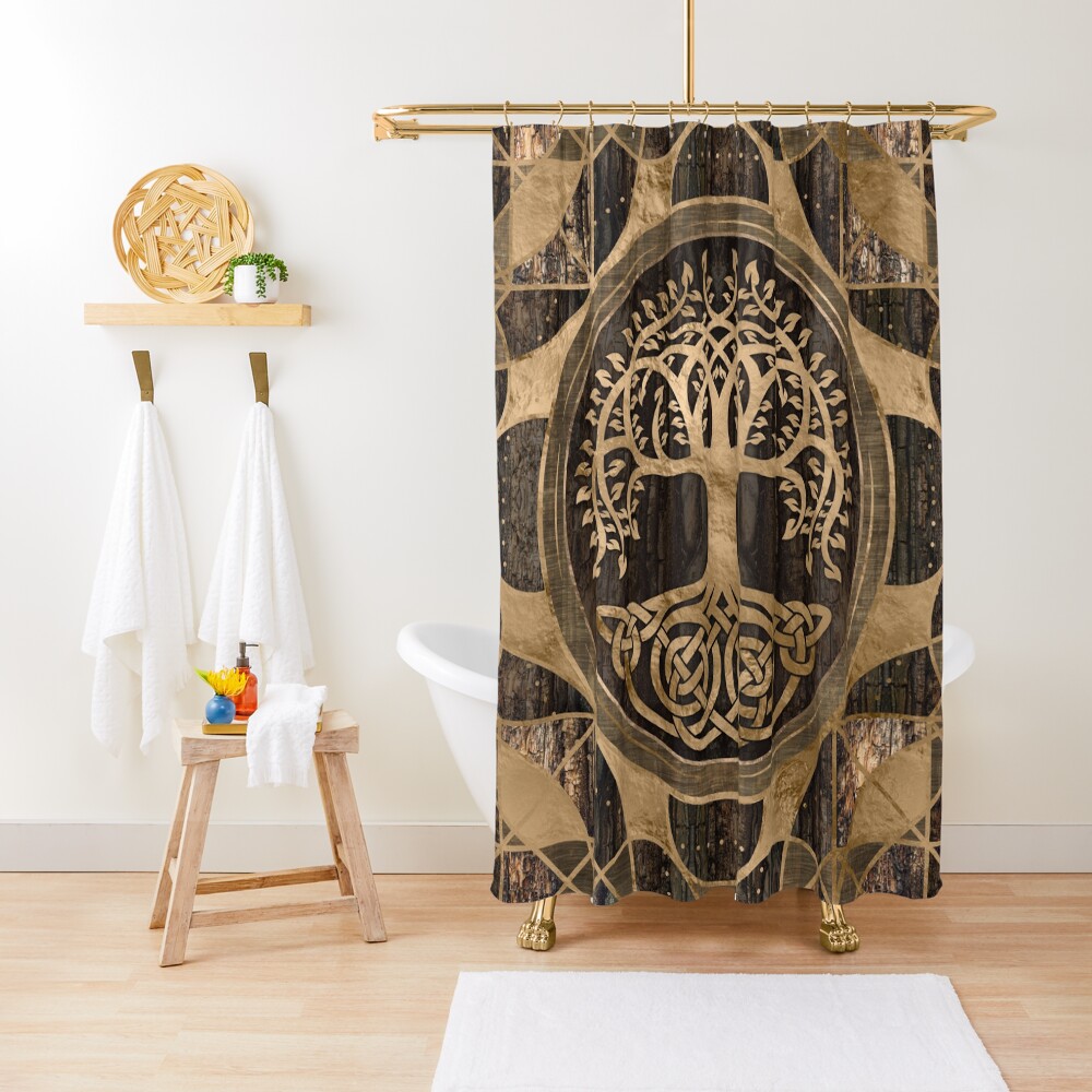 Tree of life -Yggdrasil - Wood Bark and Gold Shower Curtain