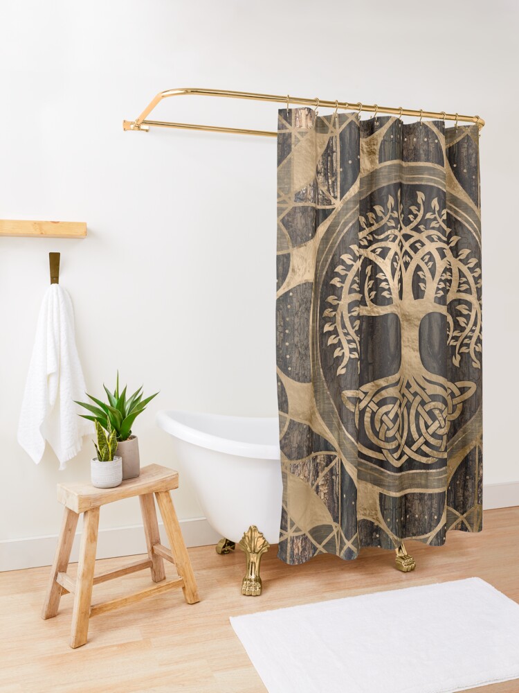 Alternate view of Tree of life -Yggdrasil - Wood Bark and Gold Shower Curtain