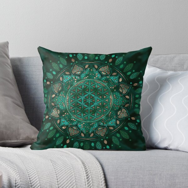 Flower of Life Dot Art malachite gold Throw Pillow
