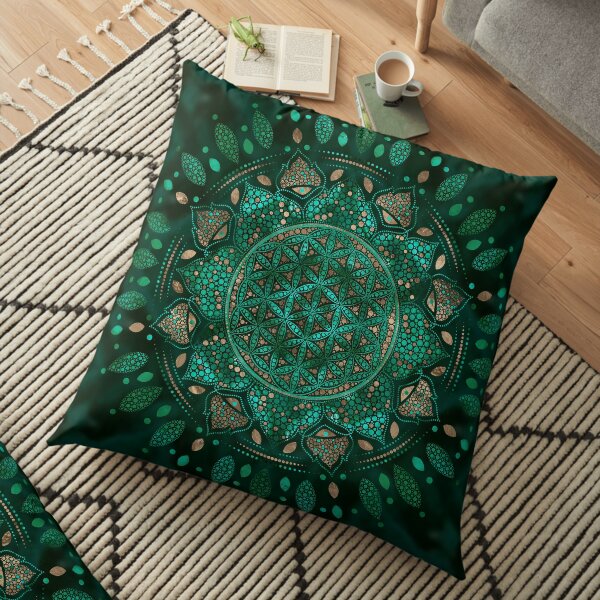 Blume des Lebens Dot Art Malachitgold Bodenkissen