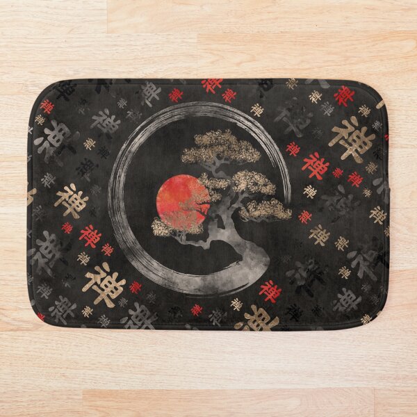 Enso Circle Bonsai Tree on Zen Symbol pattern on black Bath Mat