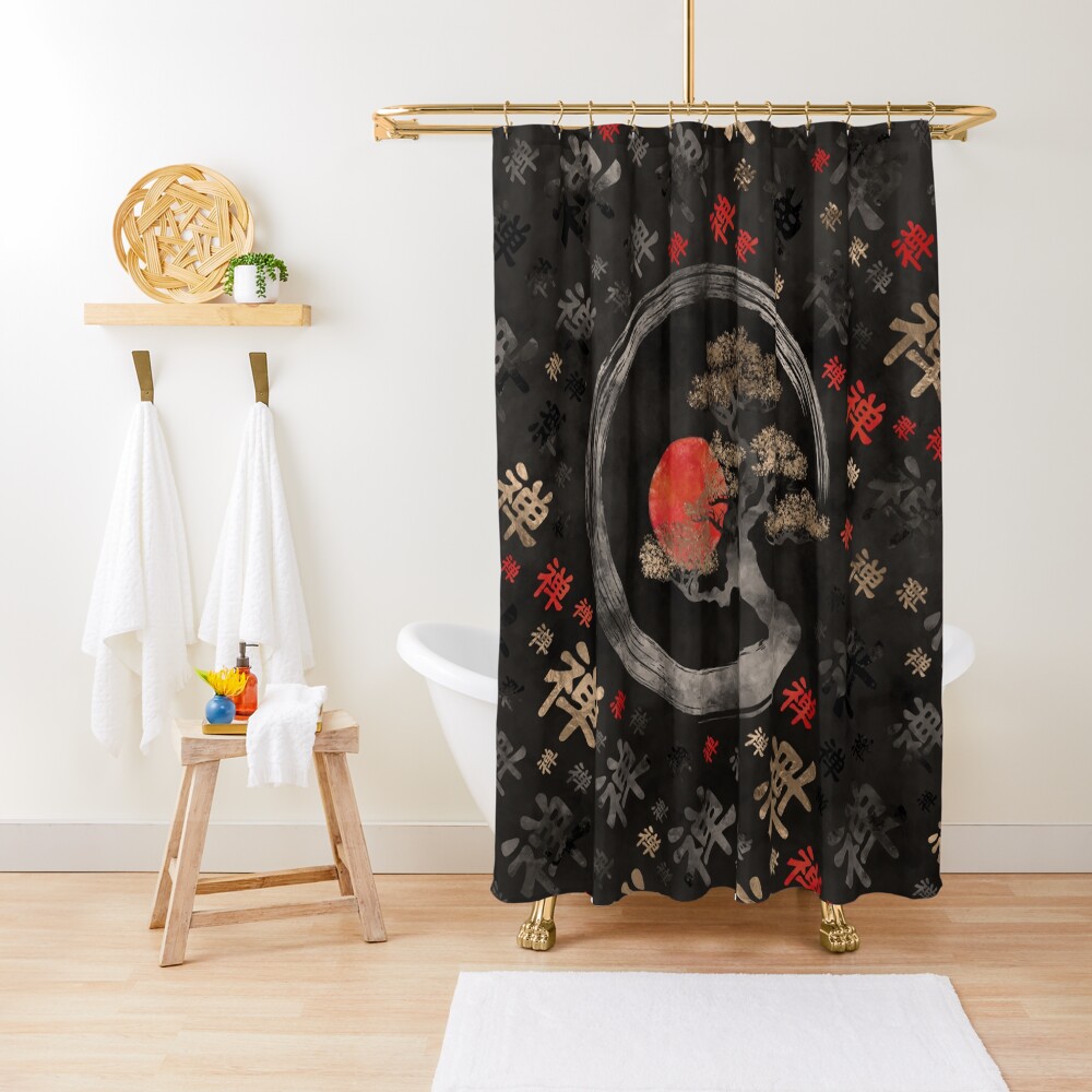 "Enso Circle Bonsai Tree on Zen Symbol pattern on black" Shower Curtain for Sale by k9printart