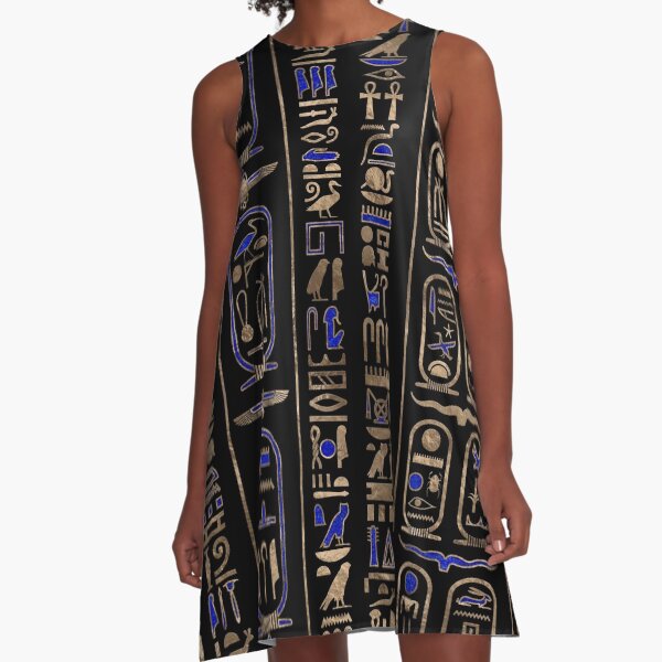 Egyptian hieroglyphs pattern Gold Lapis Lazuli #2 A-Line Dress