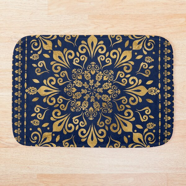 Oriental Damask Ornament - Gold on dark blue #3 Bath Mat