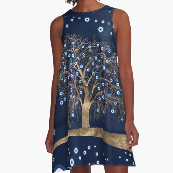 Nazar Charm Tree - Gold on Dark Blue A-Line Dress