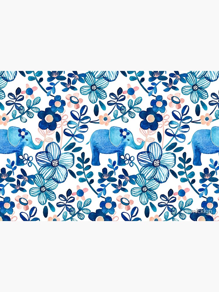 Blush Pink, White and Blue Elephant and Floral Watercolor Pattern by micklyn