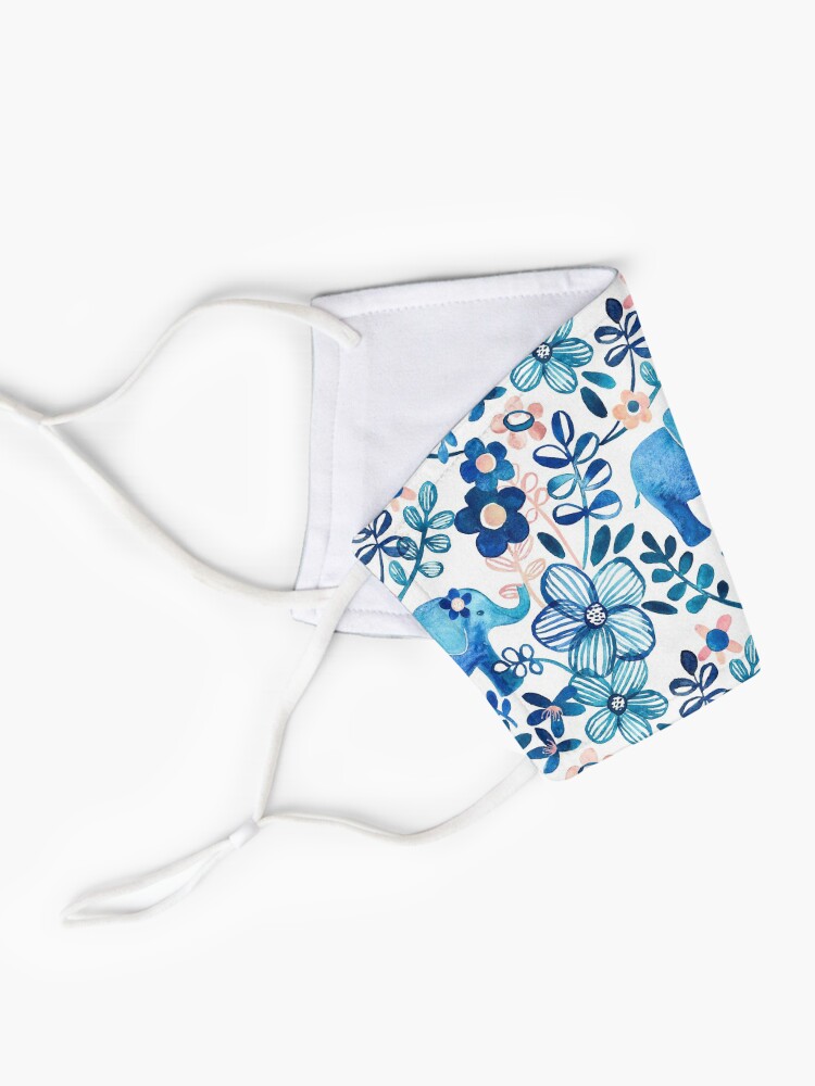 Alternate view of Blush Pink, White and Blue Elephant and Floral Watercolor Pattern Mask