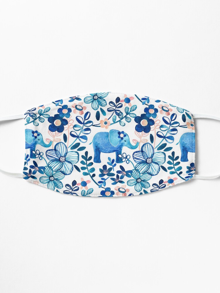 Alternate view of Blush Pink, White and Blue Elephant and Floral Watercolor Pattern Mask