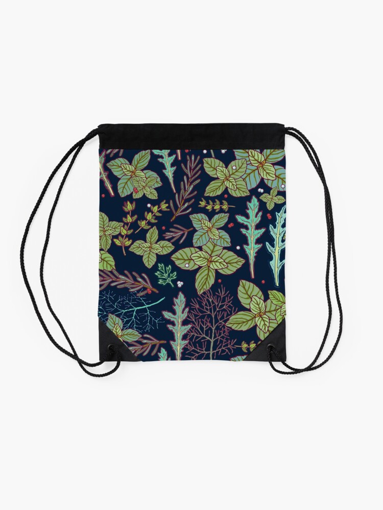 Alternate view of dark herbs pattern Drawstring Bag